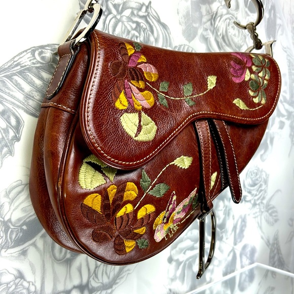 Christian Dior Vintage Y2k Era Brown Leather Embroidered Saddlebag Handbag - Picture 3 of 14